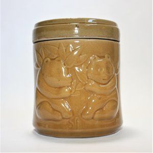 Brown Ceramic Bamboo and Panda Bear Jar Embossed Designs w/Lid EUC (No Returns)